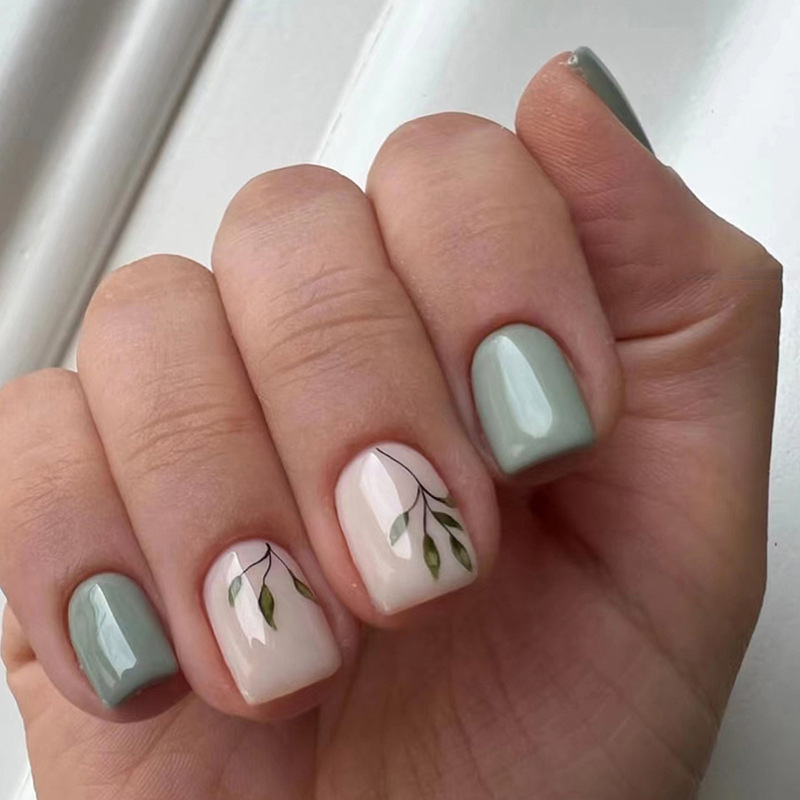 Nail Art Fake - 24 個再利用可能な付け爪ショートスクエアヘッドプレス付け爪緑の葉デザインウェアラブルフルカバーネイルアートパッチ