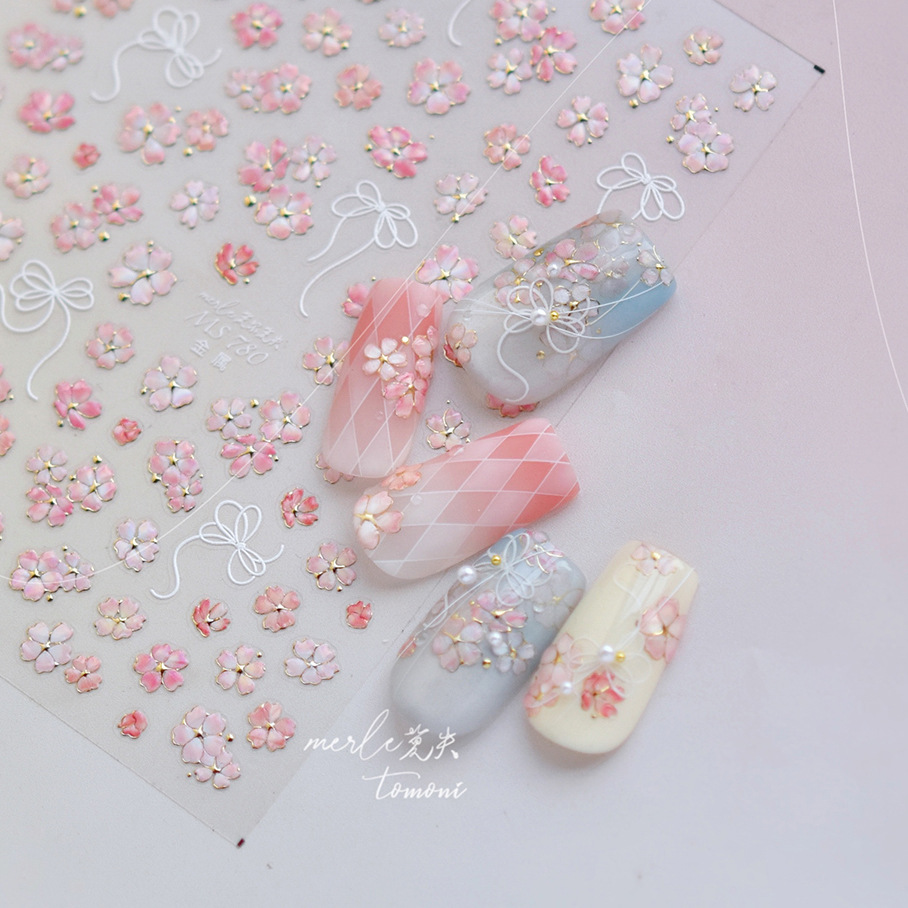 Nail Art Pink Soft - 桜ピンクの花さくら春 5D ネイルアートステッカーゴールドスタンピングソフト粘着リリーフ粘着シックなマニキュアデカール