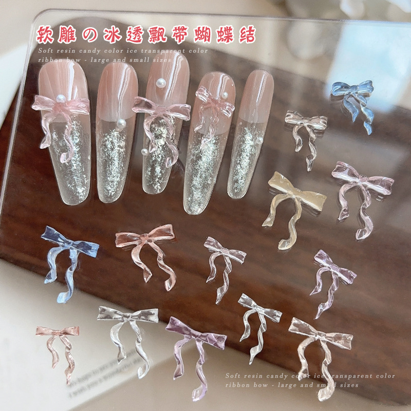 Nail Art Pink Soft - 30 個妖精氷透明ピンクブルーロングテールリボン弓ソフト彫刻樹脂ネイルアートラインストーン装飾マニキュア装飾品