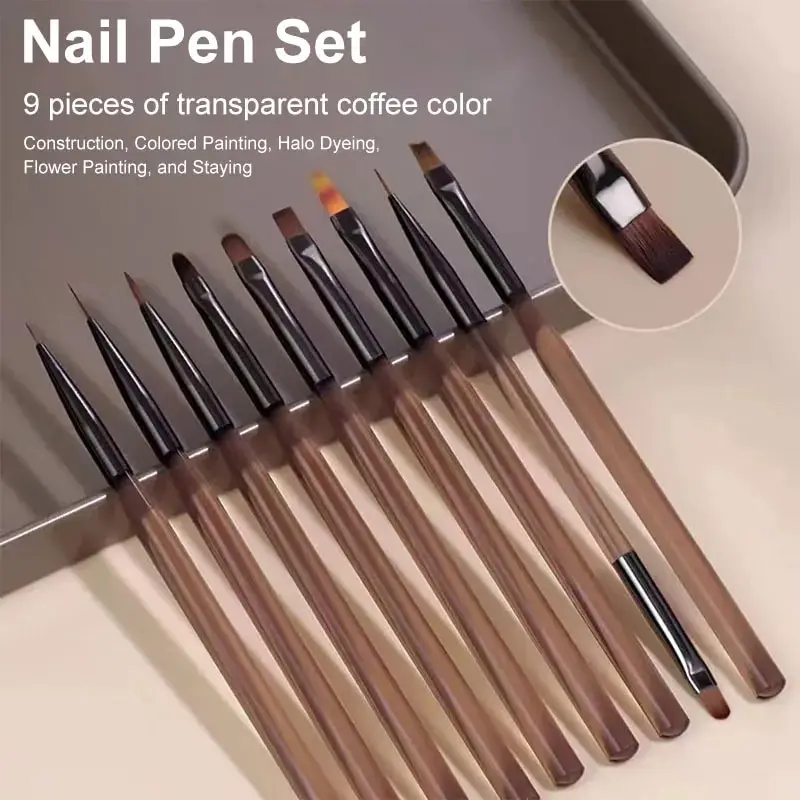 Nail Art Brush Set - 9本入りマルチヘッドネイルアートブラシセット、琥珀色の木製ハンドル、柔らかいファイバーライナー、フレンチグラデーション、ペタルUVジェルペイント、マニキュアツール