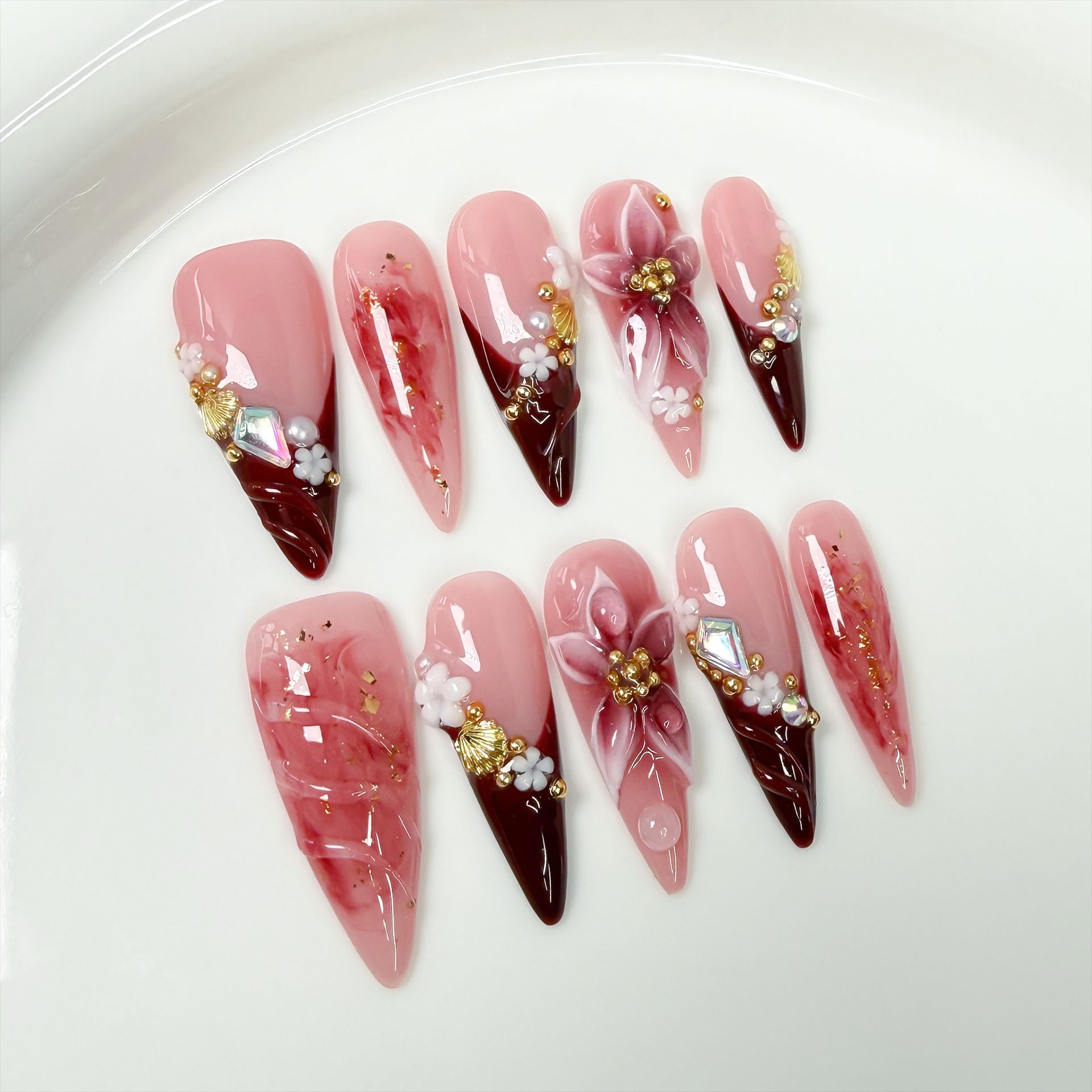 Nail Art Flower - 10 個レトロロングスティレットフェイクネイルチップセットフルカバーフラワーグラデーションフレンチ絶妙なウェアラブルネイルファッションマニキュア手作り