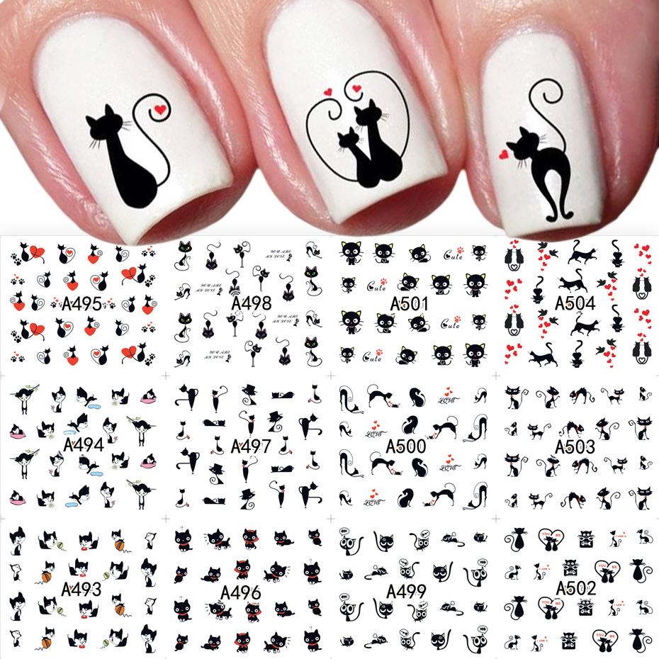 Nail Art Valentines Day - 12 個黒猫ステッカーネイルデカールラブハート漫画ネイルアートウォータースライダータトゥー装飾バレンタインマニキュア TRA493-504