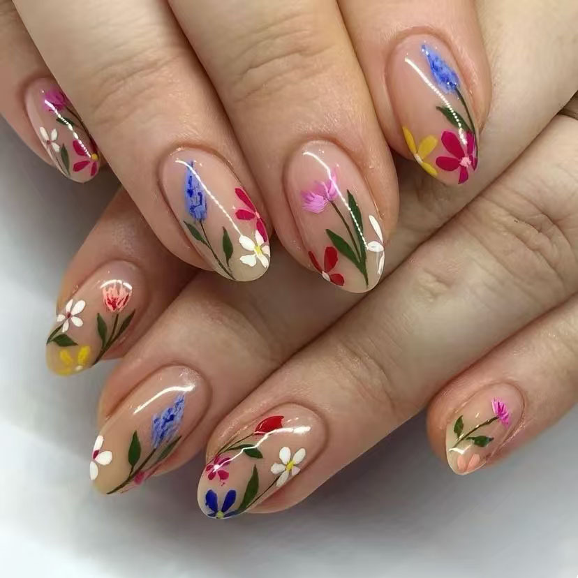 Nail Art Flower - 24 個シンプルなアーモンドネイルのヒント新鮮なカラフルなフラワーデザイン付け爪ウェアラブルオーバル偽ネイルショートフルカバープレス爪