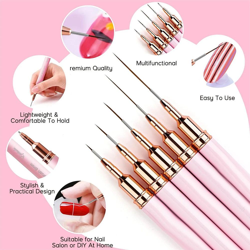Nail Art Brush Set - 5本入りネイルアートライナーブラシセット、プロ用UVジェルネイルブラシキット、フレンチストライプラインペイント、フラワーペン、マニキュアツール