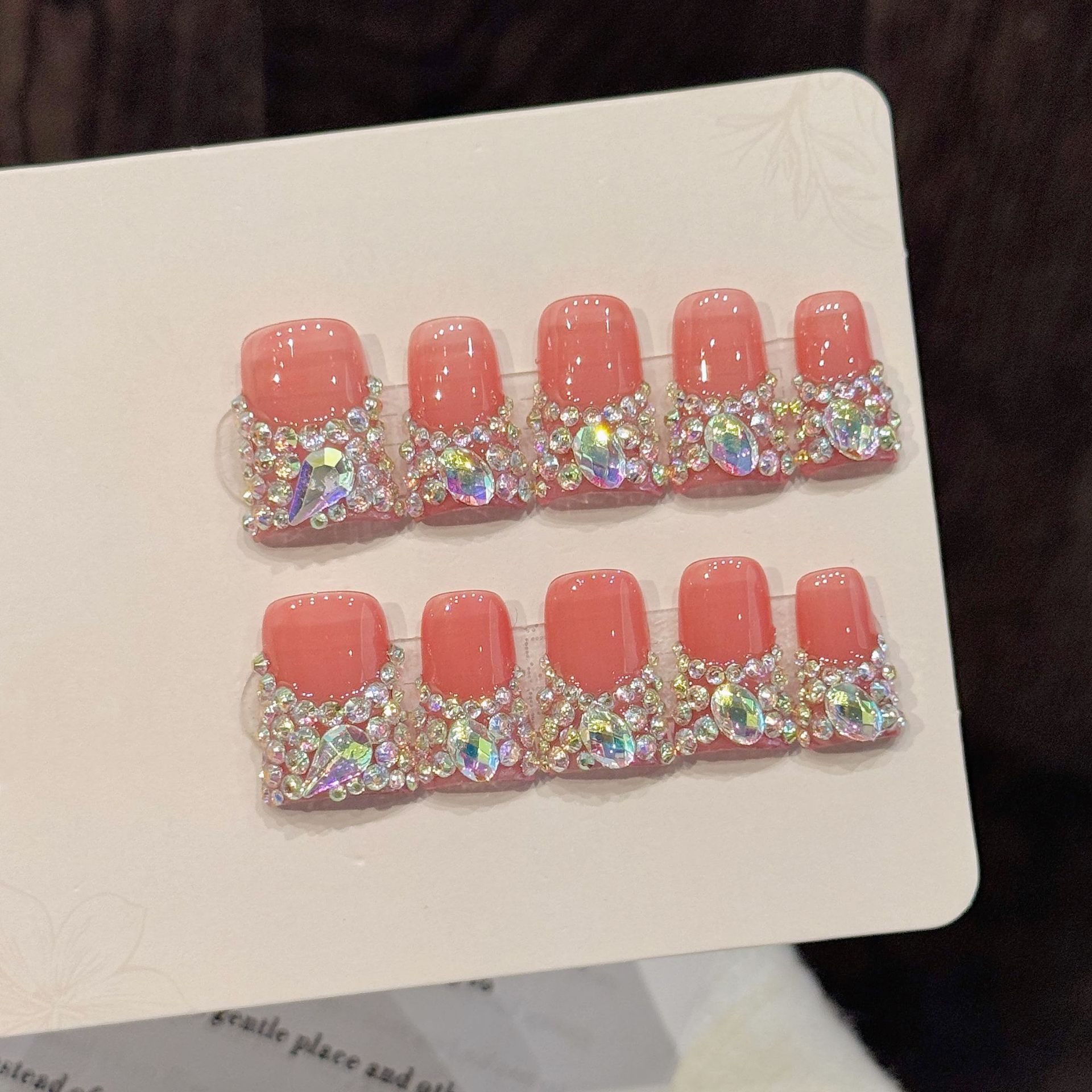 Nail Art Fake - 10個入り フラッシュダイヤモンド フレンチスタイル つけ爪 ハンドメイド ピンク