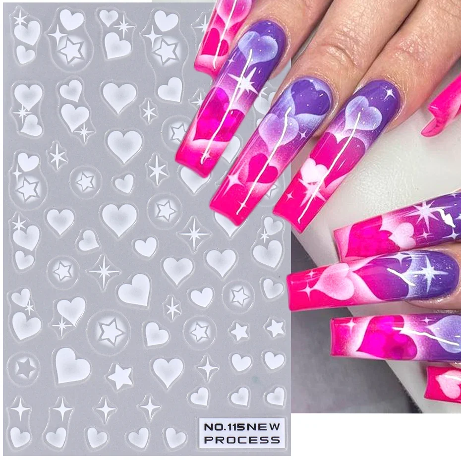 Nail Art Valentines Day - 2 個 3D ハートスターネイルステッカーマットホワイトエアブラシ Y2K ラブハートバレンタイングラデーションブルーミングスライダーポリッシュネイルデコレーション