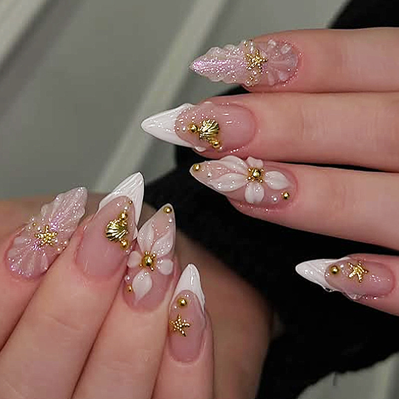 Nail Art Flower - 24枚入り完成品アーモンド型プレスオンネイルアート、再利用可能なスイートフラワーピンクロングフェイクネイルセット、シェルパールデザインのフェイクネイルチップ付き