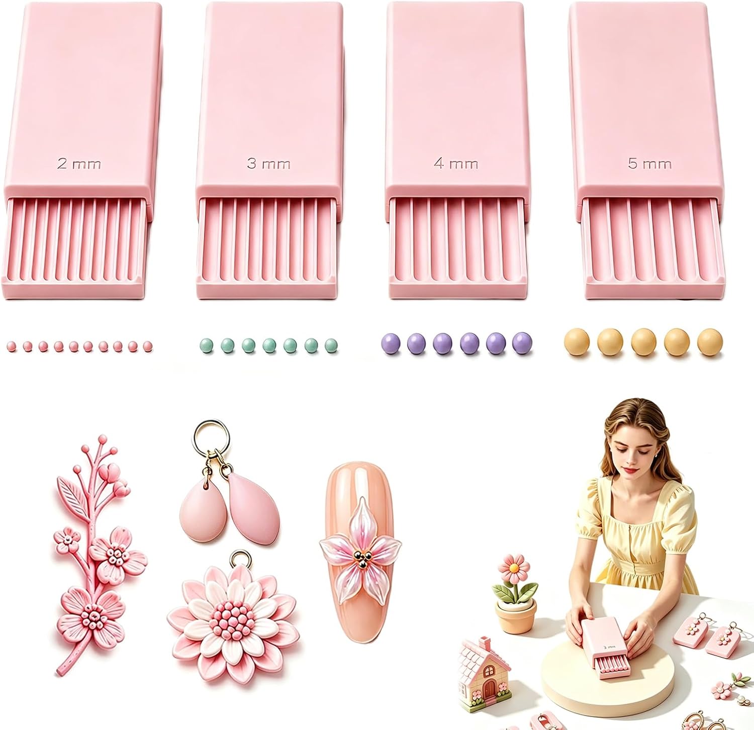 Nail Art Flower - 3Dプリントクレイジェルボールメーカーツール、3Dジェルフラワー用ネイルアートビーズローラー | ポリマークレイローラー 2mm 3mm 4mm