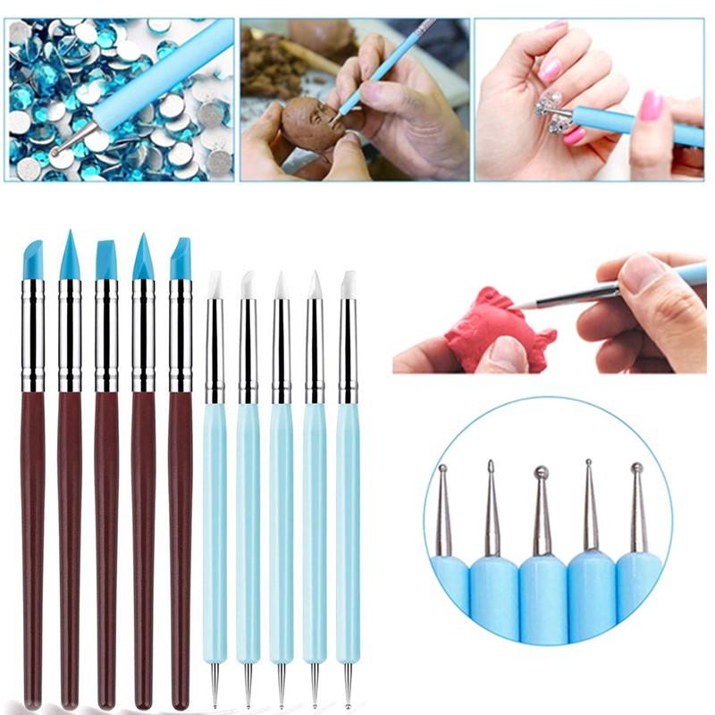 Nail Art Brush Set - 1/10/15 ピース/セットデュアルエンドラインストーンネイルアートシリコーンペン彫刻ペン/3D 花彫刻/ドットネイルツールマニキュアブラシ