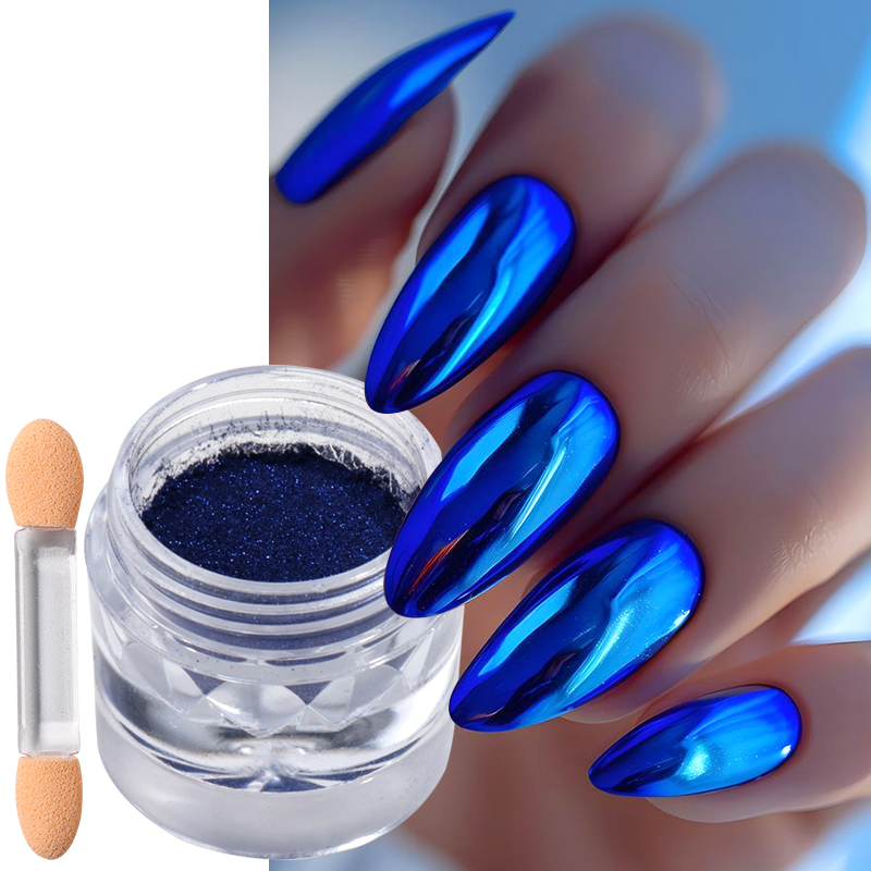 Nail Art Queen - ロイヤルブルークロームミラーネイルパウダー顔料ブラシ付きメタリックミラー効果ダークブルーこすりグリッターダストネイルアートデコレーション