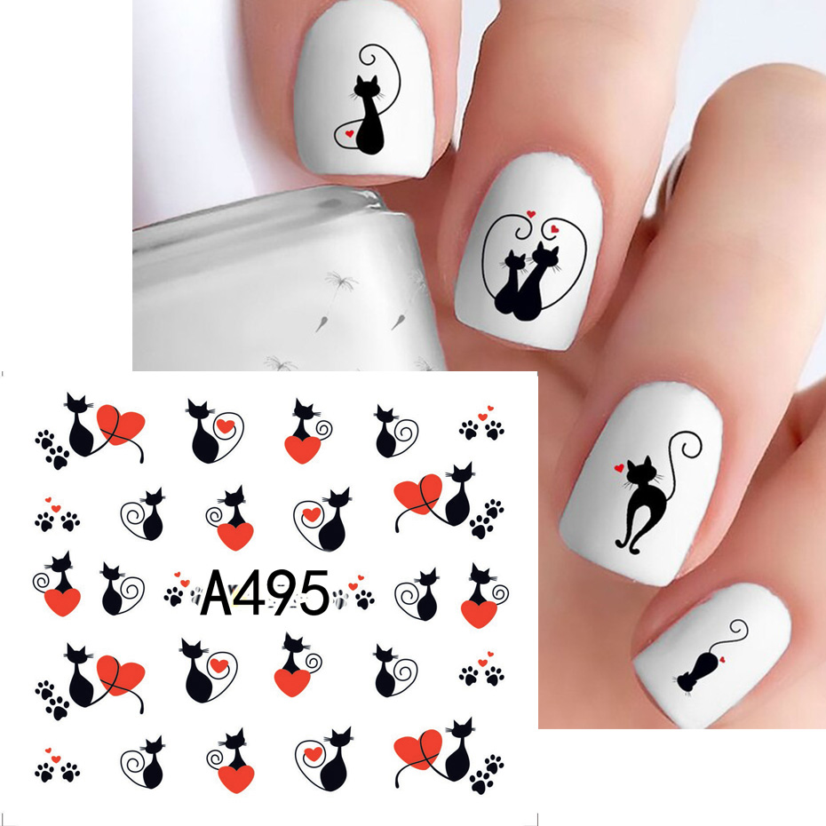 12 個黒猫ステッカーネイルデカールラブハート漫画ネイルアー - Nail Art Valentines Day のレビューと価格
