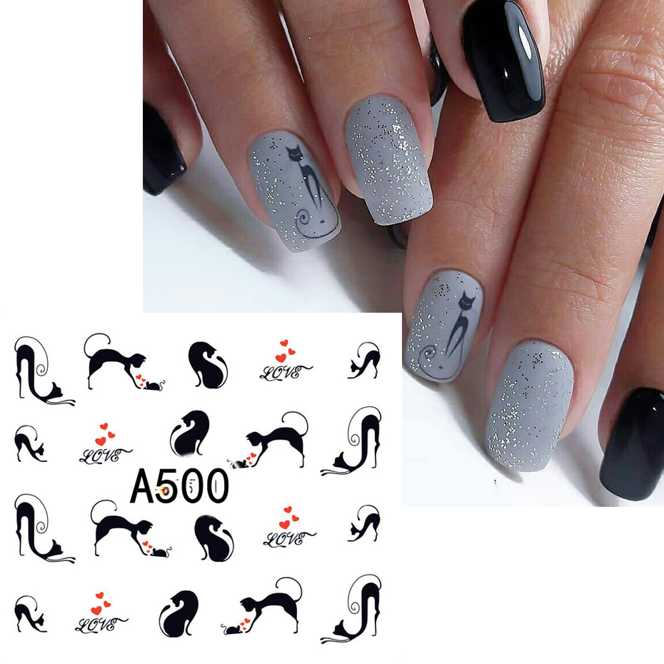 12 個黒猫ステッカーネイルデカールラブハート漫画ネイルアー - Nail Art Valentines Day のレビューと価格