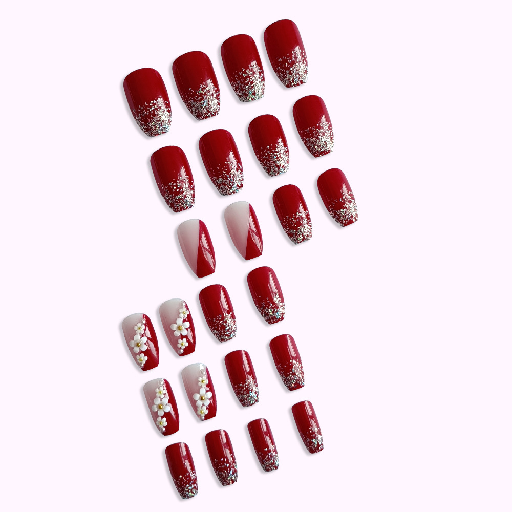 24 個光沢のある赤プレス爪白い花の装飾棺ヘッド偽爪フルカバ - Nail Art Flower のレビューと価格