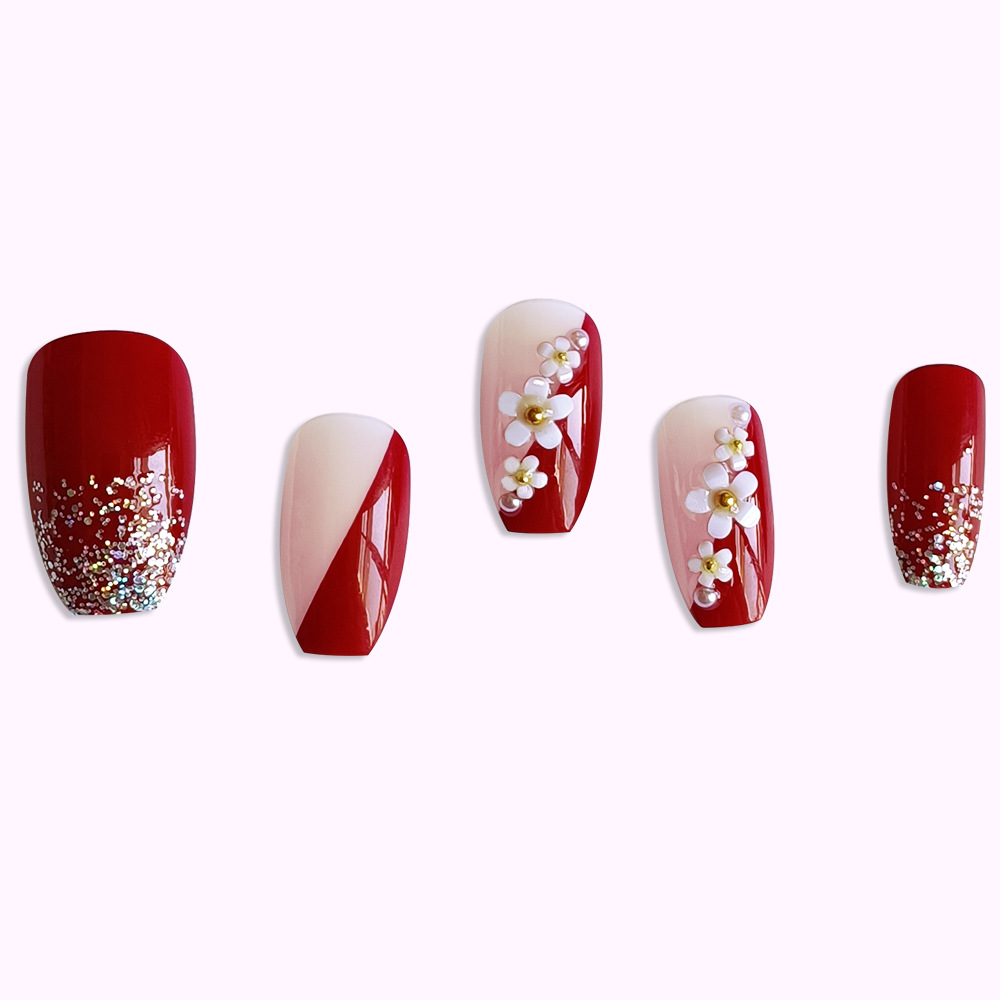24 個光沢のある赤プレス爪白い花の装飾棺ヘッド偽爪フルカバ - Nail Art Flower のレビューと価格