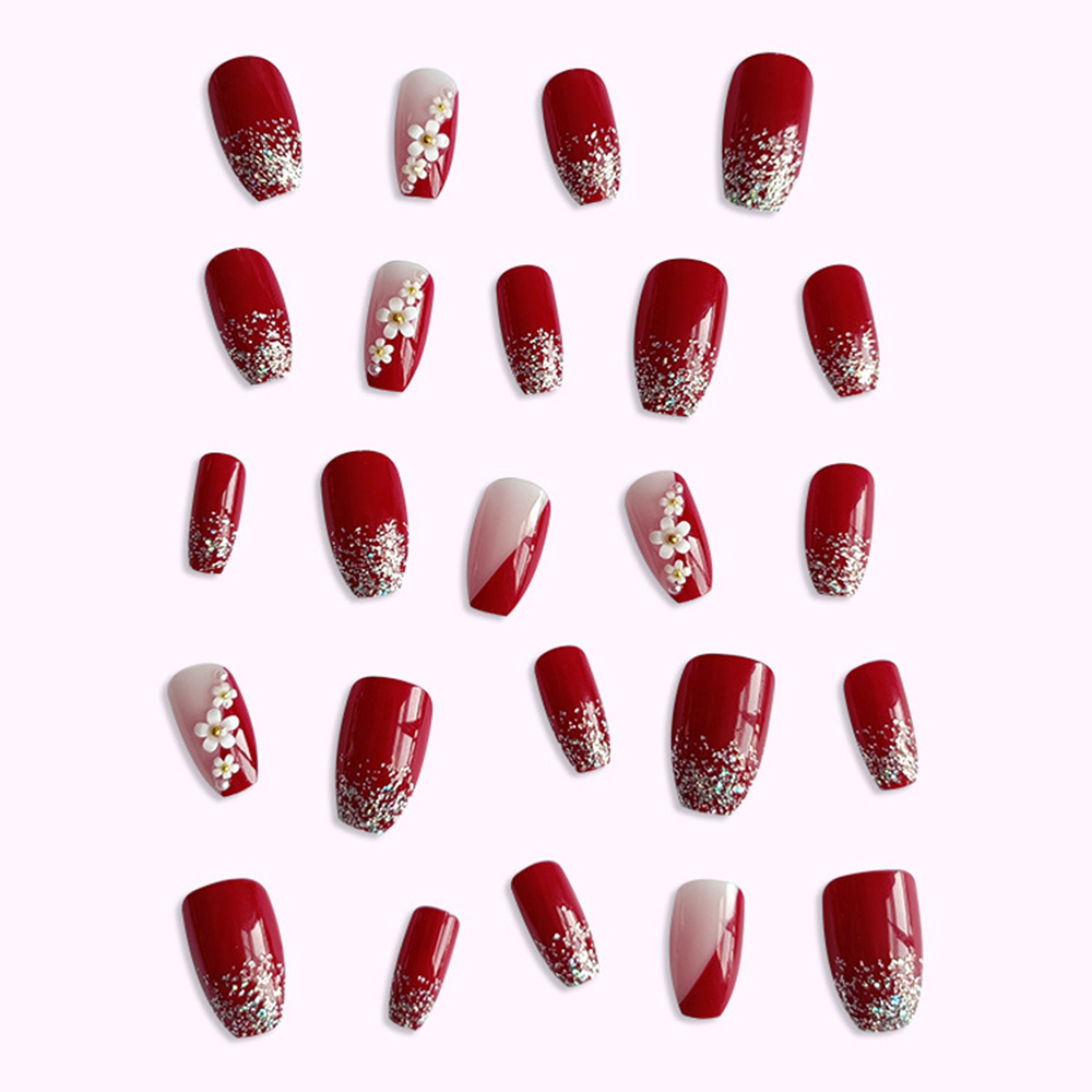 24 個光沢のある赤プレス爪白い花の装飾棺ヘッド偽爪フルカバ - Nail Art Flower のレビューと価格