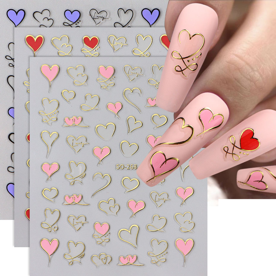 3 個 Y2K ゴールドウェーブラインハートデカール 3D  - Nail Art Valentines Day のレビューと価格