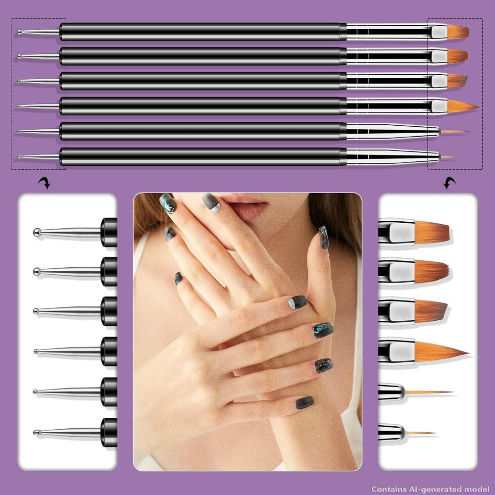 両端ネイルアートドットツール6本キット、ライナーブラシデザイ - Nail Art Brush Set のレビューと価格